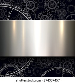 Background with technology gears and metallic shiny banner, vector illustration.