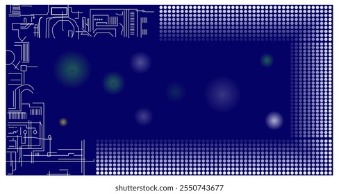 Tecnología de fondo con red de flujo de la máquina. En la tecnología futura, la luz blanca, verde y amarilla se está atenuando. con blanco y azul oscuro