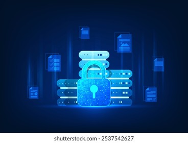 Background of the technology server with a security system is a lock in front of the important document files. It is a storage of important information within the company via the Internet.