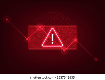 Antecedentes de la pantalla del gráfico de acciones de tecnología que muestra el símbolo de advertencia, gráfico de acciones a la baja, que indica el estado del mercado de capitales en el período de pérdida de la empresa, venta de acciones.