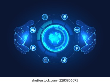 Tecnología de fondo dos manos de un hombre de negocios Con diferentes íconos de negocio, significa que el dueño de la empresa es el que controla y planea expandir el negocio para crecer el negocio.