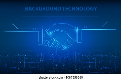 Background technology.Vector Abstract futuristic circuit board, Illustration high computer technology dark blue color background. Line handshake and success business style.