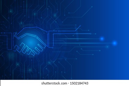 Background technology.Vector Abstract futuristic circuit board, Illustration high computer technology dark blue color background. Line handshake and success business style concept