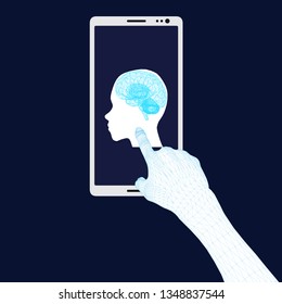 Background with a telephone and a polygonal hand pointing to the screen with the head of a man with brains. Vector illustration