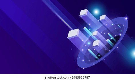 Background template with 3d cube geometric objects and planet rings circles. modern color graded template complemented by light sparkle particles. digital technology design concept