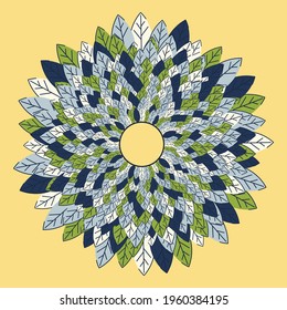 Background template with abstract flat leaves. A wreath in a modern design in a round shape. Frame made from green and yellow leaves. Design for invitations and cards. Vector illustration