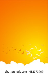 background template with birds and clouds in front of warm sun