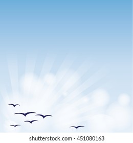 background template with a birds, clouds and rays in front of a blue sky