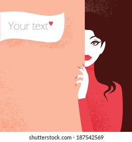 Background template card with young beauty woman in red