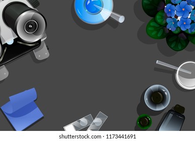Background template with chemistry theme. Top view on the table with education tools for chemistry or biology. Vector illustration on dark grey background, empty space for text