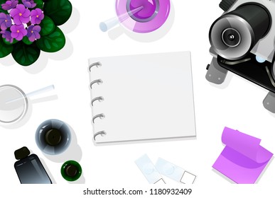 Background template with chemistry theme. Top view on the table with education tools for chemistry or biology. Vector illustration on a white background with empty notepad for text