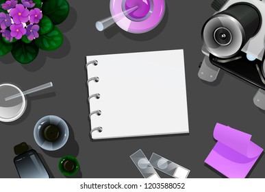 Background template with chemistry theme. Top view on the table with education tools for chemistry or biology. Vector illustration on dark background, empty notepad for text