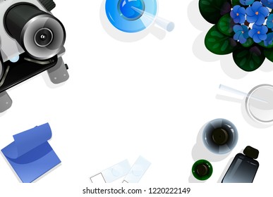 Background template with chemistry theme. Top view on the table with education tools for chemistry or biology. Vector illustration on white background, empty space for text