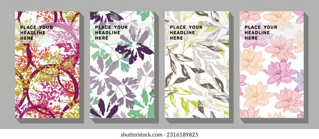 Background template with copy space for text and line drawings flowers in pastel colors. Modern exotic design for paper, cover, fabric, interior decor and other users.