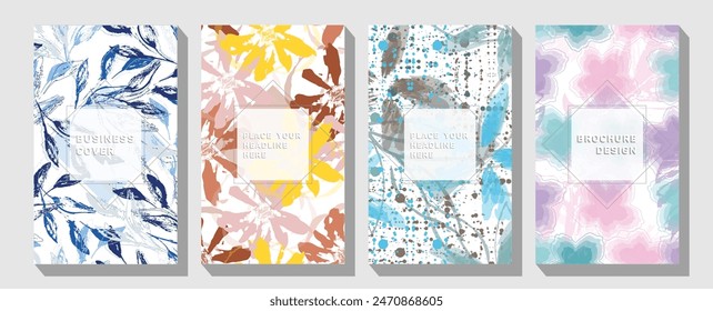 Background template with copy space for text and line drawings flowers in pastel colors.   Notebook covers
