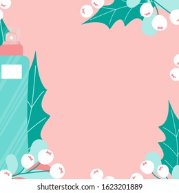 Background template for cosmetics ad in cartoon style. Skincare lotion with leaf and fruits. Toner cleancer on pink. Vector Illustration