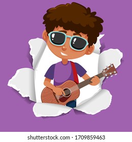 Background template design with boy playing guitar illustration