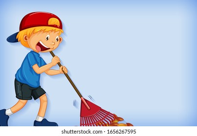 Background template design with happy boy raking leaves illustration