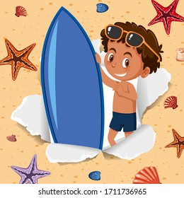 Hintergrund-Template-Design mit fröhlicher Junge- und Surfbrett-Illustration