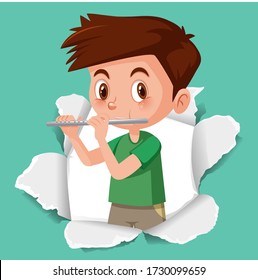 Background template design with happy boy playing flute illustration