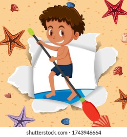 Background template design with happy boy on the beach illustration