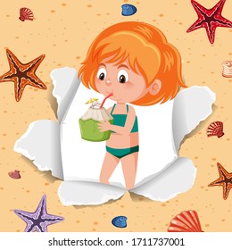 Background template design with happy girl drinking coconut juice illustration