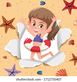 Background template design with happy girl on the beach illustration