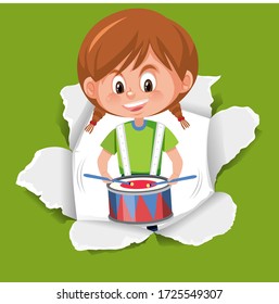 Background template design with happy girl playing drum illustration