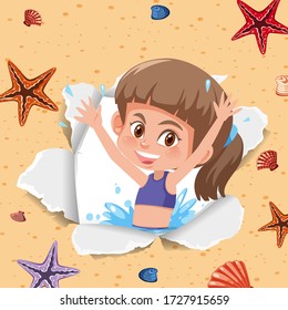 Background template design with happy girl and starfish illustration