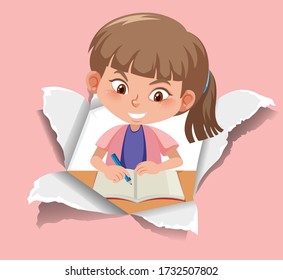 Background template design with happy girl doing homework illustration