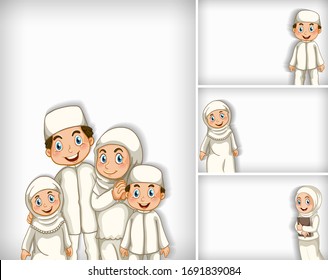 Diseño de plantillas de fondo con ilustración de familia musulmana feliz