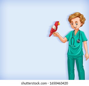 Background template design with happy vet with parrot bird illustration