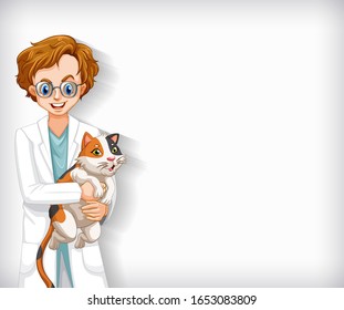 Background template design with happy vet and pet cat illustration