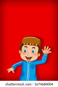 Background template design with muslim boy waving hand illustration