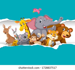 Background template design with wild animals on blue paper illustration