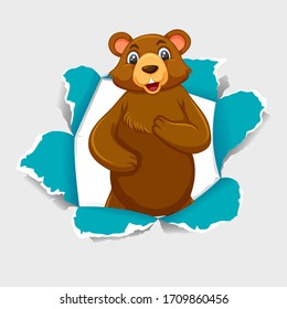 Background template design with wild bear on gray paper illustration