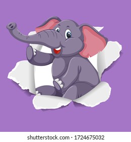 Background template design with wild elephant on purple paper illustration