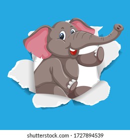 Background template design with wild elephant on blue paper illustration