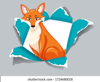 Background template design with wild fox on gray paper illustration