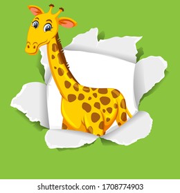 Background template design with wild giraffe on green paper illustration