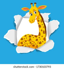 Background template design with wild giraffe on blue paper illustration