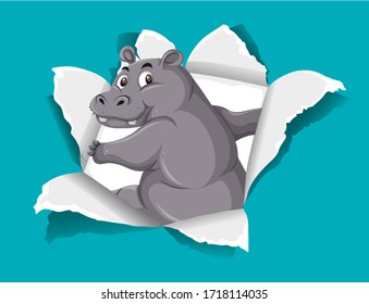 Background template design with wild hippo on blue paper illustration