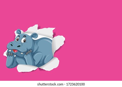 Background template design with wild hippo on pink paper illustration