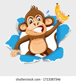 Background template design with wild monkey and banana illustration