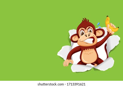 Background template design with wild monkey on green paper illustration