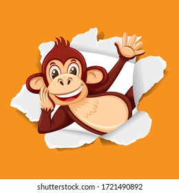 Background template design with wild monkey on orange paper illustration