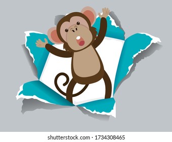 Background template design with wild monkey on gray paper illustration