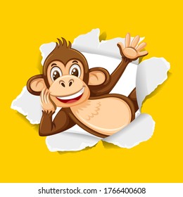 Background template design with wild monkey on yellow paper illustration
