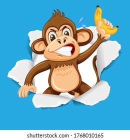 Background template design with wild monkey on blue paper illustration