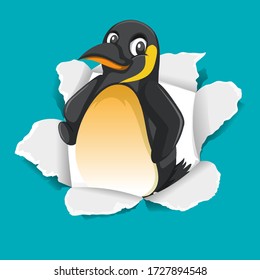 Background template design with wild penguin on blue paper illustration